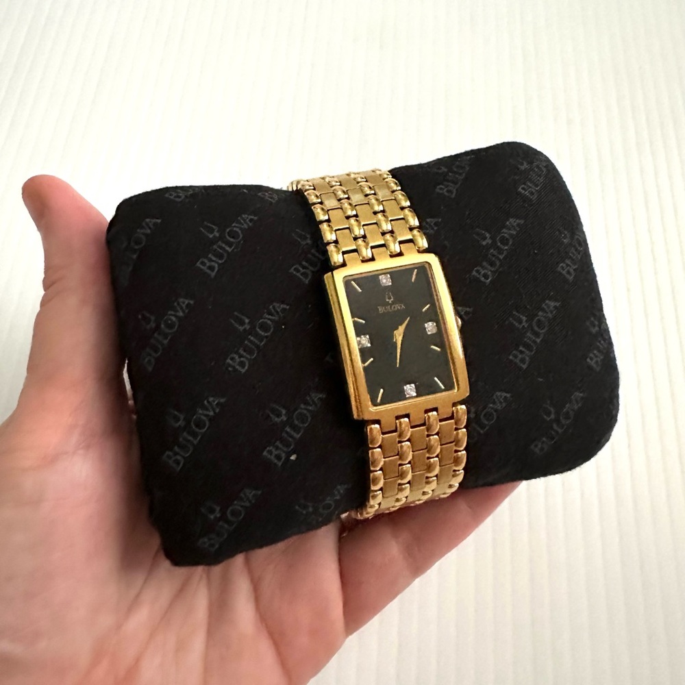 Bulova Gold Square Watch With Black and Diamond Face